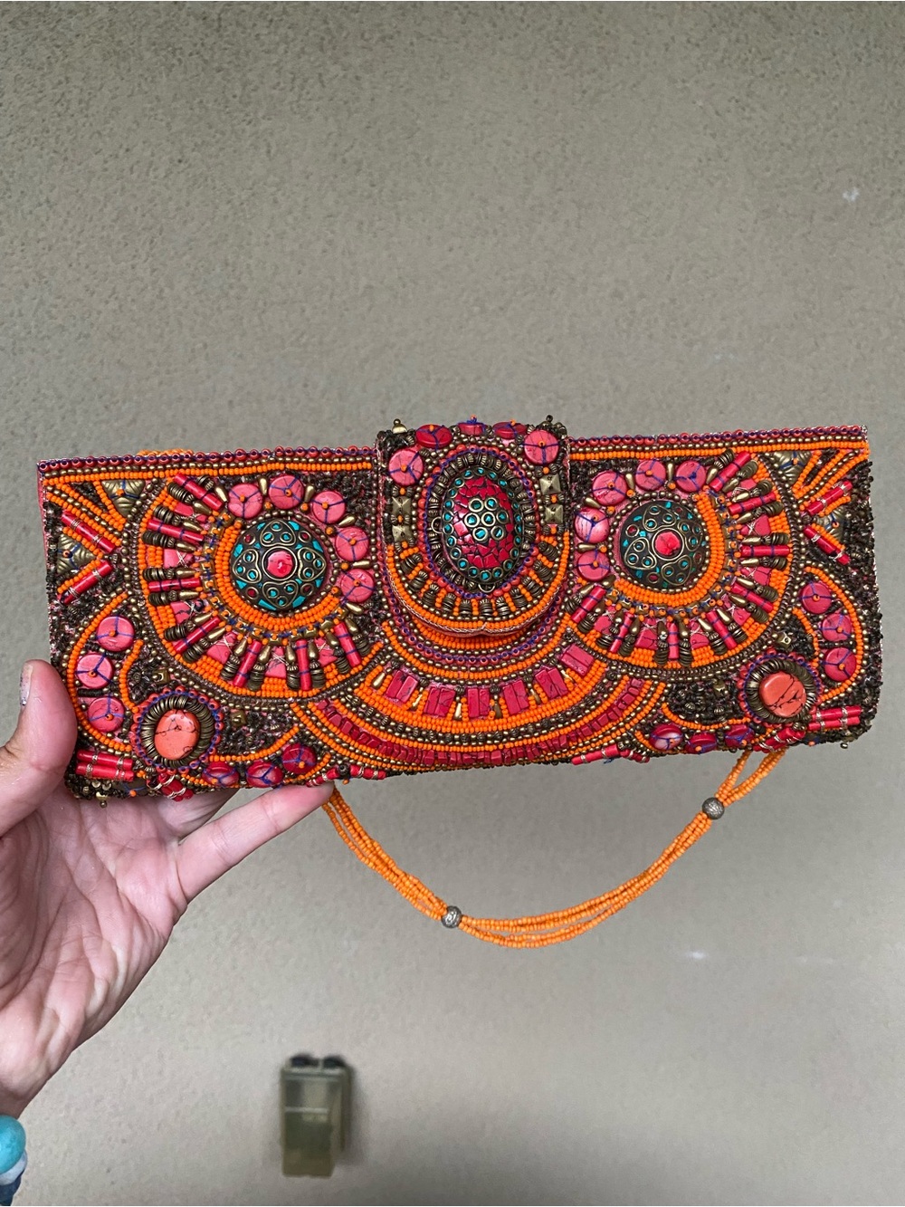 Hand-Beaded Orange and pink Evening Clutch made in India